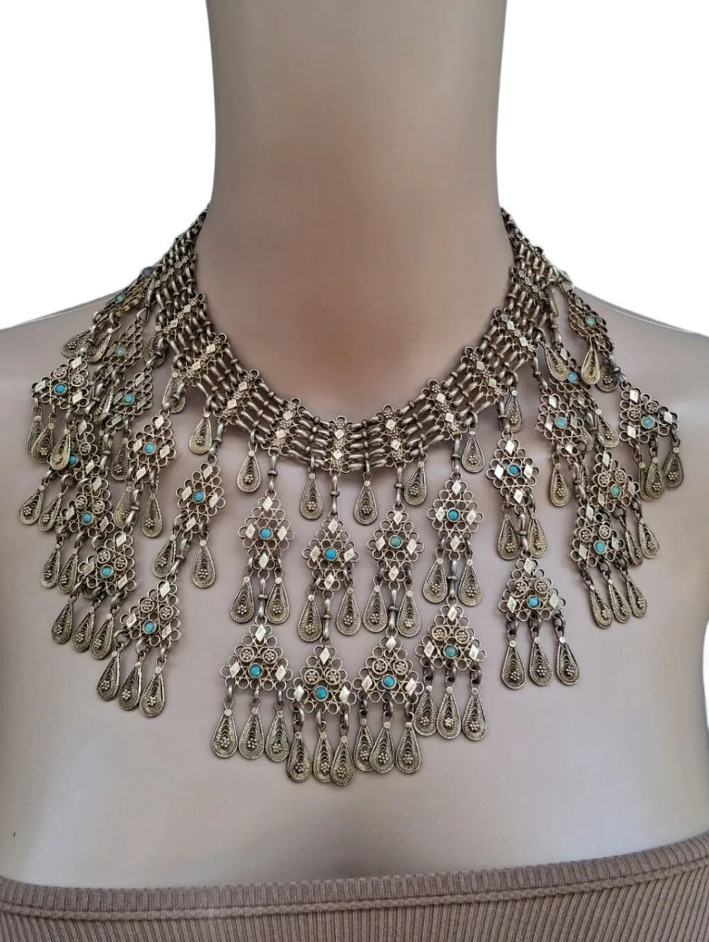 Vintage Filigree Statement Collar Necklace Faux Turquoise Tribal Festival Fringe
